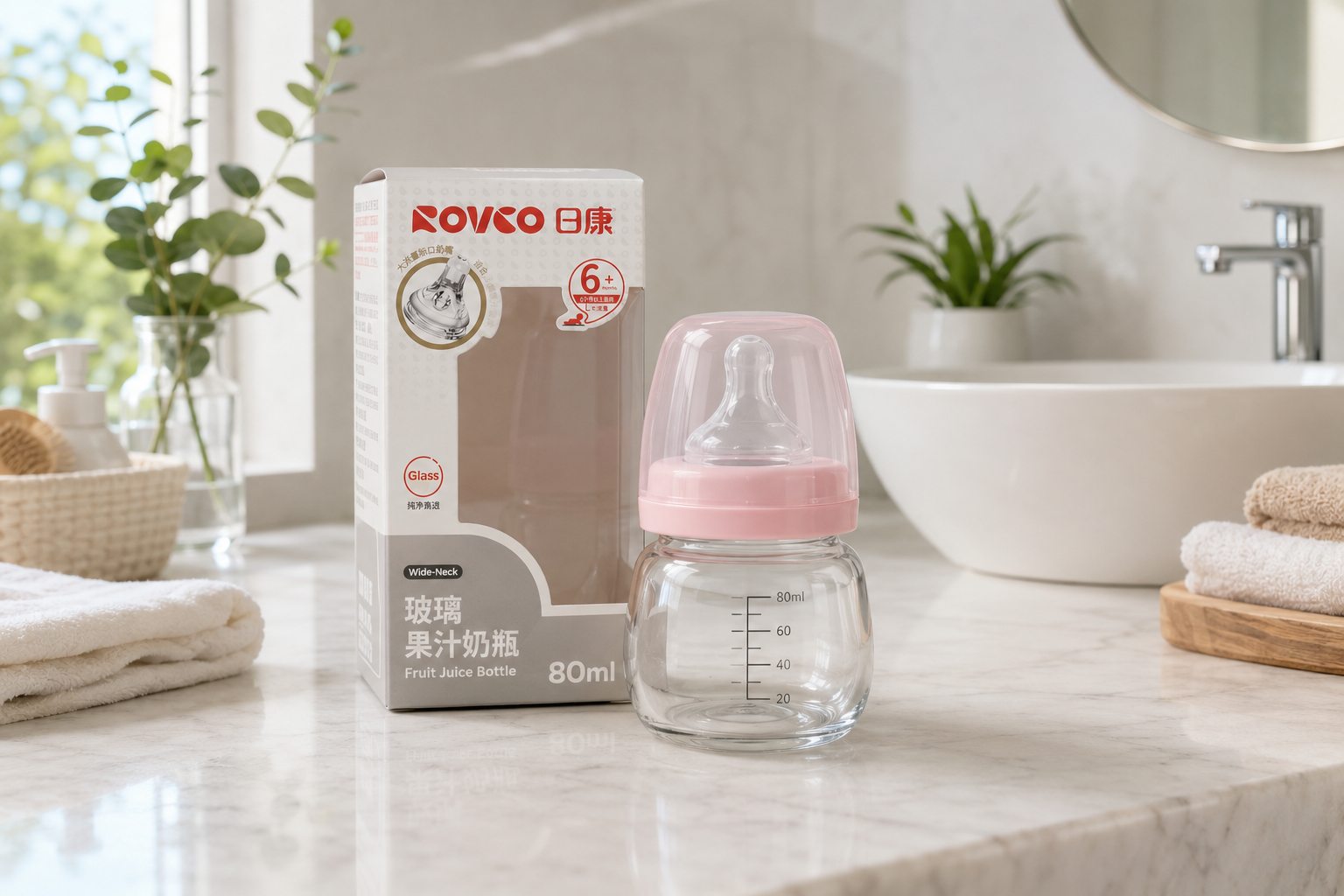 ROVCO Wide-Neck Glass Fruit Juice Feeding Bottle 80ml | Large-Flow Silicone Nipple for 6+ Months | RK-3057